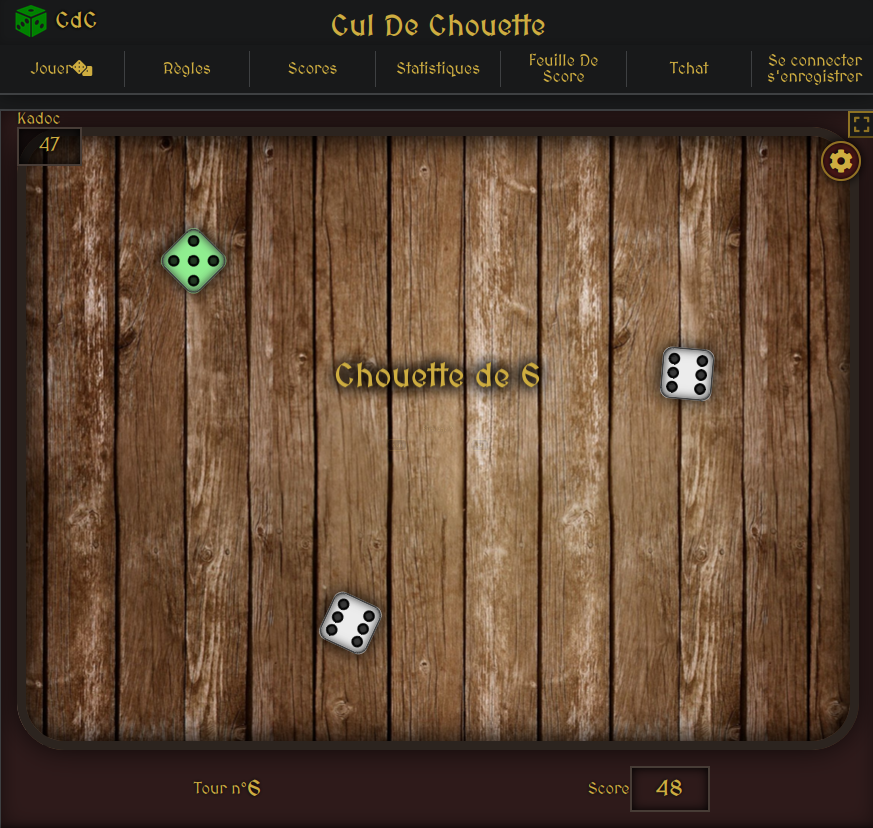 Capture d'écran du jeu Cul de Chouette, plateau en bois avec les dés